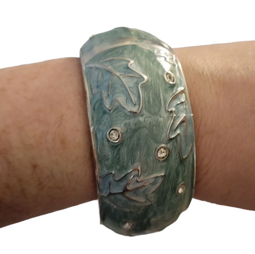 Sage Blue Green Enameled Hinged Bracelet Leaf Pattern